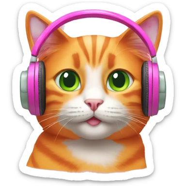 orange cat with green eyes with pink headphones sticker