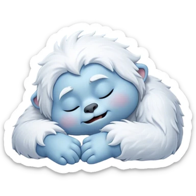 Meme-Worthy Cute Sleeping Yeti Portrait Emoji, with a charming, fluffy, snow-dusted figure in gentle whites and cool blues, head resting in blissful, serene slumber with closed, peaceful eyes and a small, contented smile, simplified yet irresistibly adorable, highly detailed with a soft frosty outline that captures the tender drowsiness of a yeti drifting into snowy dreams! sticker