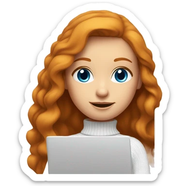 ginger girl with long hair and blue eyes in turtle neck white sweater working on a laptop sticker