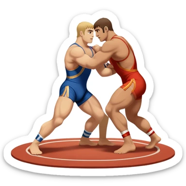 An icon showcasing two wrestlers engaged in a Greco-Roman wrestling match. The athletes are locked in a strong clinch, using their upper bodies to dominate. The background features a wrestling mat and traditional Greco-Roman elements. Transparent background. sticker
