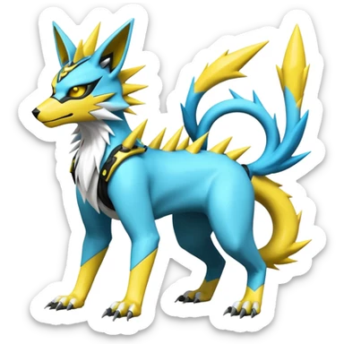 Shiny cyan yellow gothic edgy spiky white electric complex futuristic white-cyber-masked Zeraora-Renamon-Electrike-Umbreon-Lombax-Weregarurumon-fusion-creature (full body sticker