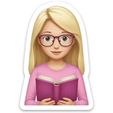 long hair blonde girl pink top with glasses reading sticker