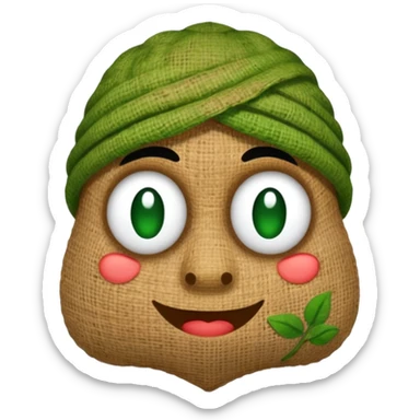 rustic handmade burlap character with green patches and stitched features sticker