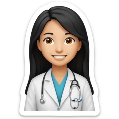 tan skin girl with long black hair, smiling, wearing a doctor's coat, emoji style sticker