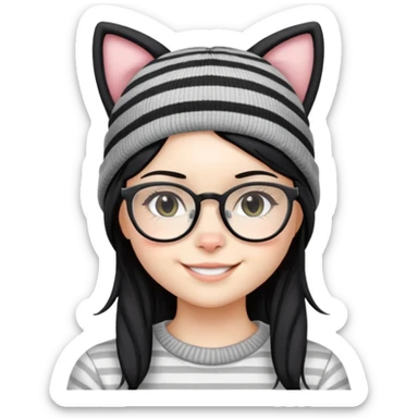 Girl with black hair, clear glasses, and Grey striped beanie in the shape of cat ears smiling sticker