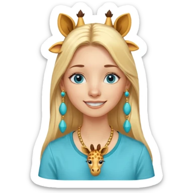 Swedish girl blonde long straigt hair blue eyes turqoise shirt gold earings, girrafe necklace gold small, long lashes smiling closed mouth sticker