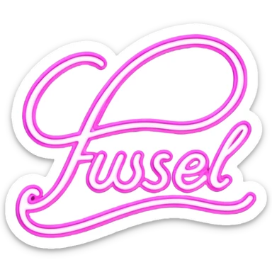 glowing pink neon sign that says “Fussel" in cursive  sticker
