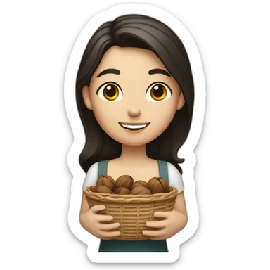 White girl with black and small hair holding a basket of walnuts sticker