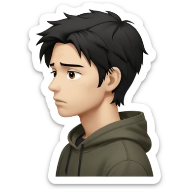 A dark anime-style illustration of a young man in side profile, facing left, with messy black hair tied loosely, sharp jawline and tired eyes. He wears an oversized dark hoodie with muted earthy tones. His expression is calm but emotionally heavy, showing silent pain and inner conflict.

 sticker