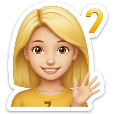 yellow smiling face girl with one hand flat under chin. With the number 6 on the left hand and the number 7 on the right hand sticker