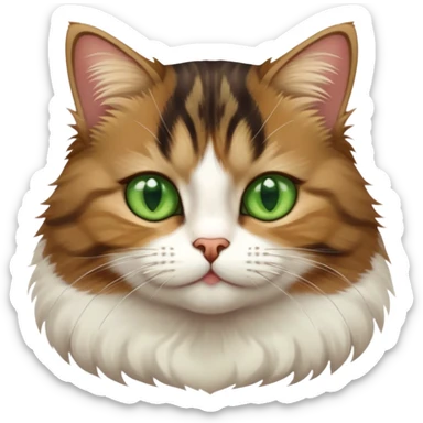 Brown, white, and black tabby cat with green eyes sitting to show its white belly, cute facial expression sticker