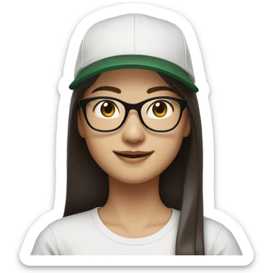 Hyper realistic, look from side, asian adult woman, light white skin, smiling with teeth, black eyes, spotted frame glasses, long brown straight hair with highlighted strands, black T-shirt, dark green cap. sticker
