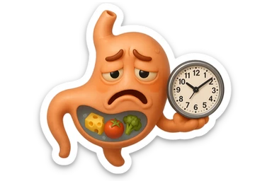 EMOJI STILE IPHONE 3D DI UNo stomaco umano con espressione dolornate, ha del cibo visibile dentro che non sta digerendo. in mano tiene un orologio da muro, iperrealistico 4k sticker