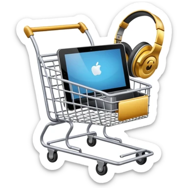 shopping cart with a laptop, smartphone, and headphones inside sticker