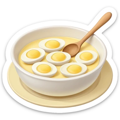 a dozen eggs, a ceramic mixing bowl with a wooden spoon and a plate of butter sticker