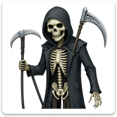 terrifying Grim Reaper with half-skeleton half-zombie face (no slime), holding a single scythe in left hand, creative subtle integration of 100 dollar bills, white background, dark and ominous atmosphere, designed for profile picture sticker