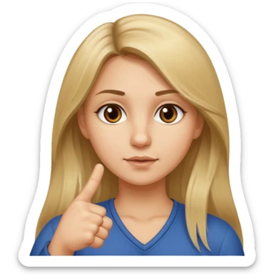 A girl about 35 long dirty blonde, hair, brown eyes holding up the middle finger sticker