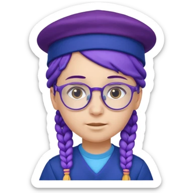 blue uniform wearing scout kid with purple braids and glassess with blue hat sticker