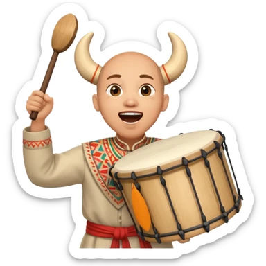 cheerful character in traditional clothes, holding a drum and shouting 'sahur!' with excitement sticker