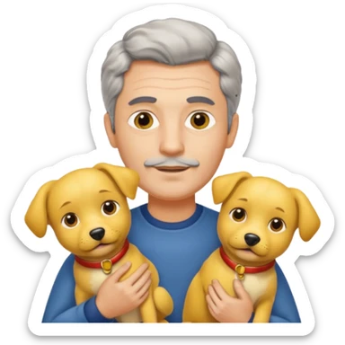 Italian man with no moustache and salt and pepper hair holding two yellow dogs sticker