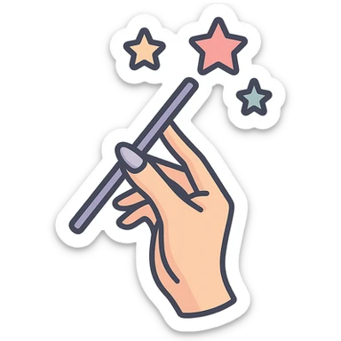 Elegant female hand with almond-shaped nails holding a magic wand upwards, stars flying out of the wand, Chinese Eastern style, thin clean contours, soft rounded shapes, pastel palette #98B5BC, #B5B3C1, #C9A3C9, #E4C0CA, #F7DCD1, #F7C0AA, detailed shadows and highlights, soft lighting, transparent background, no decorative elements. sticker