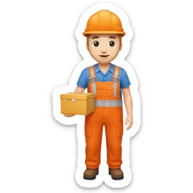 emoji style railway engineer full body in orange overalls, holding a box in front of their chest sticker