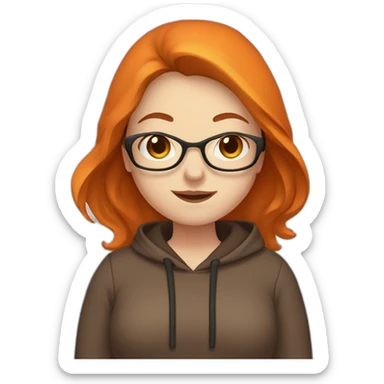 chubby woman with pale skin, with glasses, with long brown hair, wearing a dark orange hoodie, waving sticker