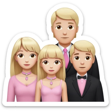 a family of three. daughter, mom and dad. long elegant blonde hair with bangs. almost female blonde boy femboy trap t-girl cute feminine makeup gay lingerie. skinny  body.   pink choker. whore hoop earrings. sticker