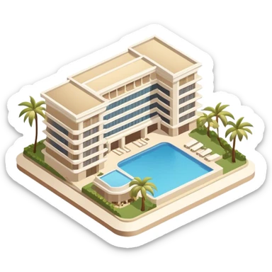 White and beige luxury resort hotel Hawaii, isometric exterior sticker