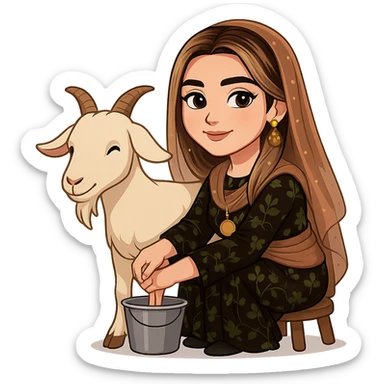 Create a Kurdish cartoon sticker of the same woman in the new dress, milking a sheep or goat. She is sitting on a stool with one hand on the udder and a bucket underneath. The style is realistic and clear cartoon style with no text and a transparent background. sticker