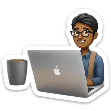 Indian guy with glasses working on macbook laptop on a desk sticker