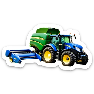 Baler – New Holland Roll-Belt 560 (2018) – Cinematic-realistic John Deere 6155M tractor towing a New Holland Roll-Belt 560 baler, its deep green body contrasting with the bright blue baler. The massive machine moves steadily through golden fields, compressing freshly cut hay into tight round bales, while dust swirls under the blazing afternoon sun. sticker