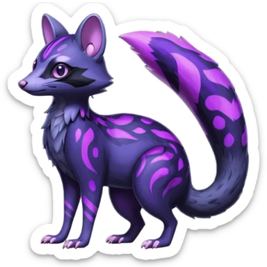Obsidian-onyx-black fur base coat with glowing-neon-purple markings and patterns, shiny blind eyes, magical fantasy-Genet-Sentret-Marsupial-Possum-Vernid-Sergal-Fakémon-hybrid, by LiLaiRa-griffsnuff, full body sticker