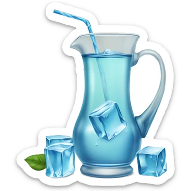 transparent jug of water filled halfway with blue water and three ice cubes floating. beside the jug an additional brown rounded cup filled with green yerba inside and a silver straw sticking out. sticker