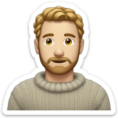 White man with a short beard and tied up shoulder length hair, wearing a necked wool sweater sticker