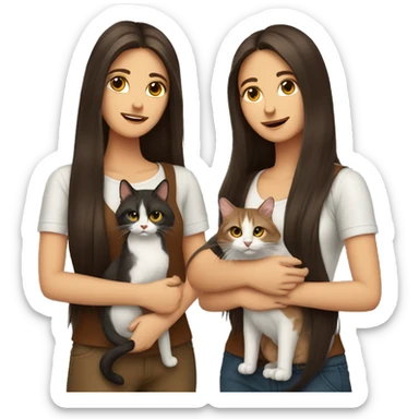Two long hair brunettes keeping two cats in their hands sticker