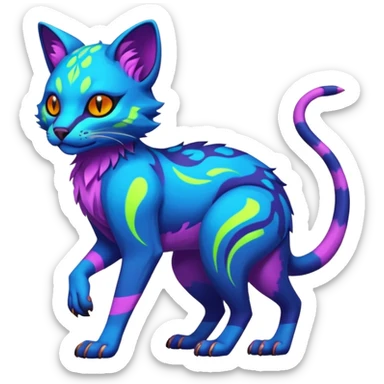 Neon-colored fantasy feline-marsupial-vernid-protogen-primagen-fursona animal creature full body with intricate markings  sticker
