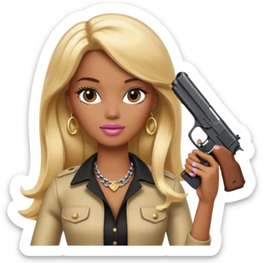 Brown skin blonde hair barbie with black gun sticker