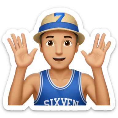 Maverick Trevillian in the crowd at an amateur basketball game. He leans towards the camera and enthusiastically shouts "six seven while performing a distinctive hand gesture: both hands open, palms facing upward, moving up and down as if weighing two options. sticker