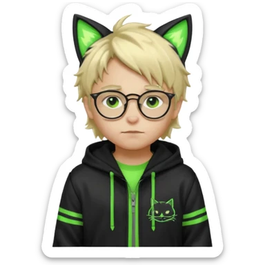 Light blond, slightly messy hair
Black glasses
A black hoodie with cat ears
Neon green details on the jacket and pants (glowing lines and stripes)
An overall hacker / cyberpunk style look
A neutral facial expression (boy )eyes brown) the hood with ears BROWN EYE sticker