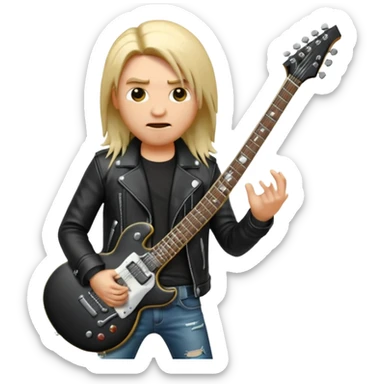 3D Apple-style emoji of a metal musician. Long hair, black leather jacket, ripped jeans, holding an electric guitar. Intense expression, glossy, rounded, smooth, soft shadows, white background.









 sticker