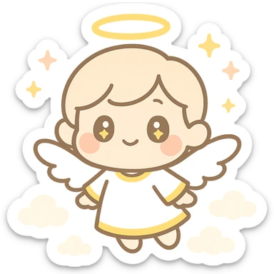 chibi angel with round face, glowing halo, small white wings, gold eyes, blushing cheeks, pastel white and gold clothes, floating, dreamy look, sparkles and clouds, kawaii sticker sticker