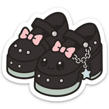 Add silver studs and chains to the primarily black kawaii gothic shoes with pink and pastel accents, no socks, no hearts, transparent background sticker