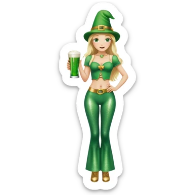 Blonde haired pretty woman with freckles glittery green bell bottoms and tall leprechaun hat holding a green beer sticker