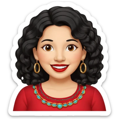 40 yr old Mexican woman, slightly chubby, wavy/curly long black hair, red lipstick, big smile, white teeth, brown eyes, hoop earings, side part to hair, round face, nice blouse, no wrinkle hair side swept, big hoop earing sticker