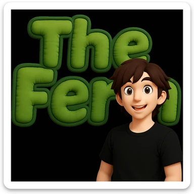 Edit the anime man to wear a black t-shirt with no jacket, standing in front of green bubble letters that say 'The Fern'. Keep his medium-length brown hair and expressive anime face. Maintain a thick, soft, cheerful, 3D vibe in the style of the original image. sticker