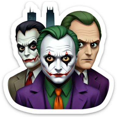 Thriller movie icon: A close-up collage with eerie, dramatic elements. Include the Joker, Hannibal Lecter, and a dark, moody Gotham City skyline in the background. The characters should look intense and shadowed, creating a tense atmosphere. Transparent background. sticker