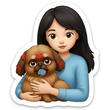 black hair girl hugging brown pekingese dog that looks a little bit like brown gremlin sticker