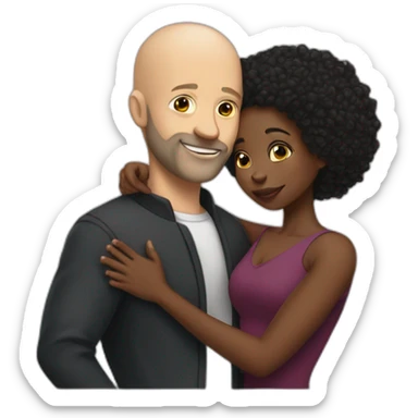 a hug from a black woman in a tight dress to a white man with no hair and a beard sticker