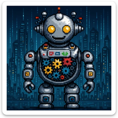 Add a futuristic city background, keep the robot with gears and data streams as the main subject, maintain pixel art style sticker